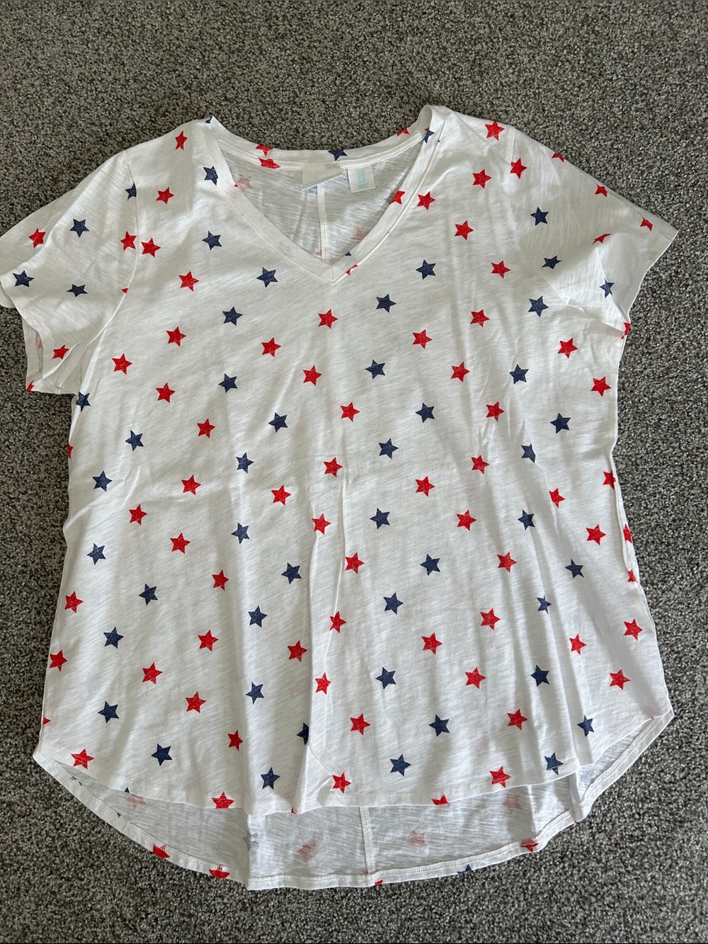 Cynthia Rowley White V-Neck Tee with Red & Navy Star Print